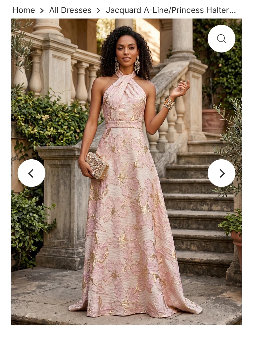 Blush Pink One-Shoulder Maxi Dress with Gold Floral Accents true to size